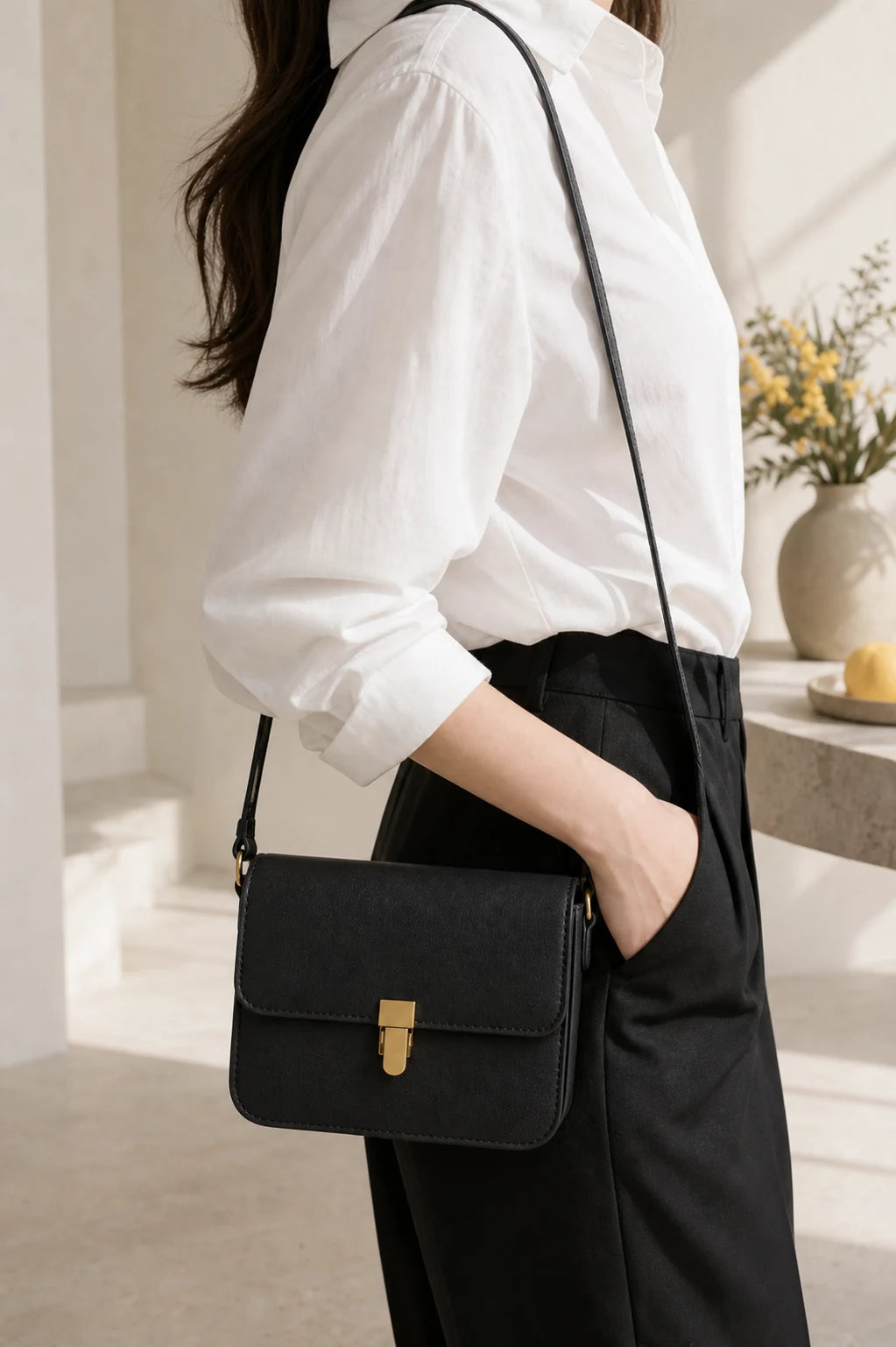 Borsa Arte indossata con una camicia bianca